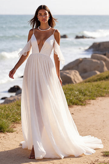 A Line White Cold Shoulder Chiffon Beach Wedding Dress